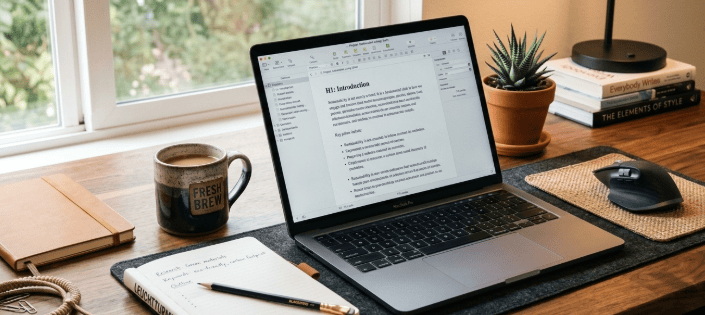 Content writing on laptop desk