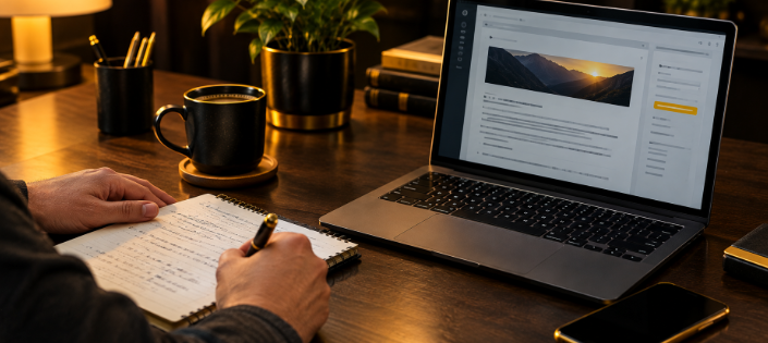 Hands writing notes next to laptop with blog draft