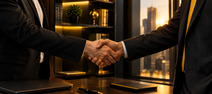 Two people shaking hands, representing outreach partnership